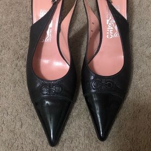Salvatore Ferragamo Black Leather Pointy Sling Back Heels Preowned 8B